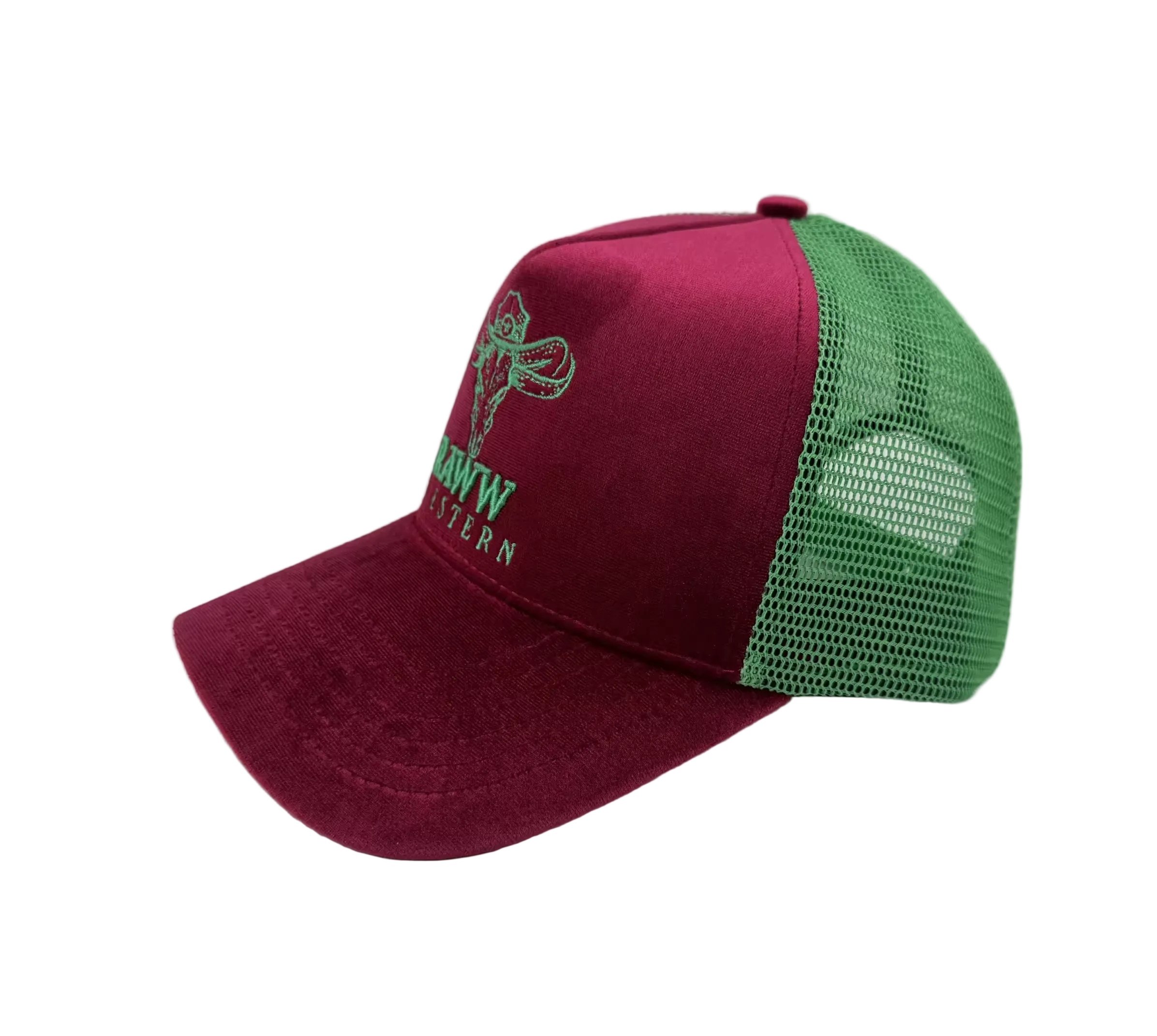 Velvet trucker cap with burgundy front, green mesh back, small bull-and-crest logo
