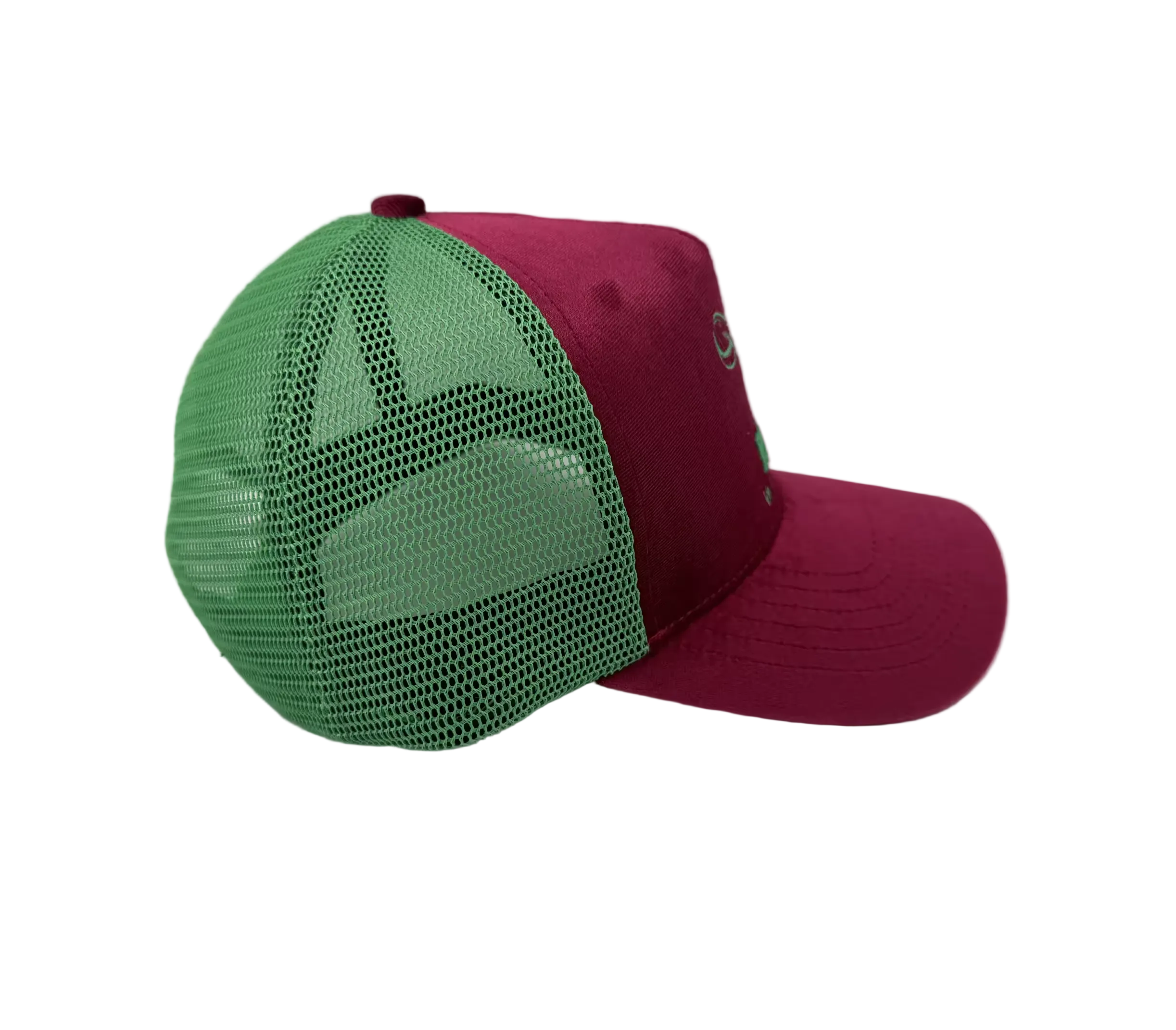 Velvet trucker cap with green mesh back panel and burgundy brim